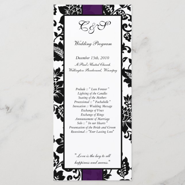 25 Black/Purple Floral Damask Wedding Programs (Front)
