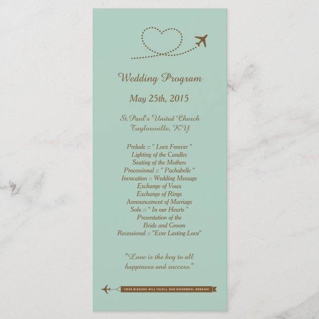 25 Blue Aeroplane Heart Wedding Programs (Front)