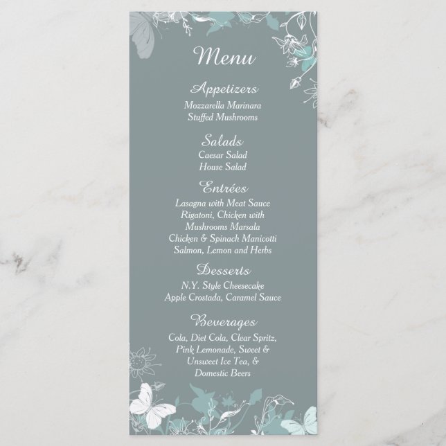 25 Blue Butterfly Wildflower Spring Menu Cards (Front)