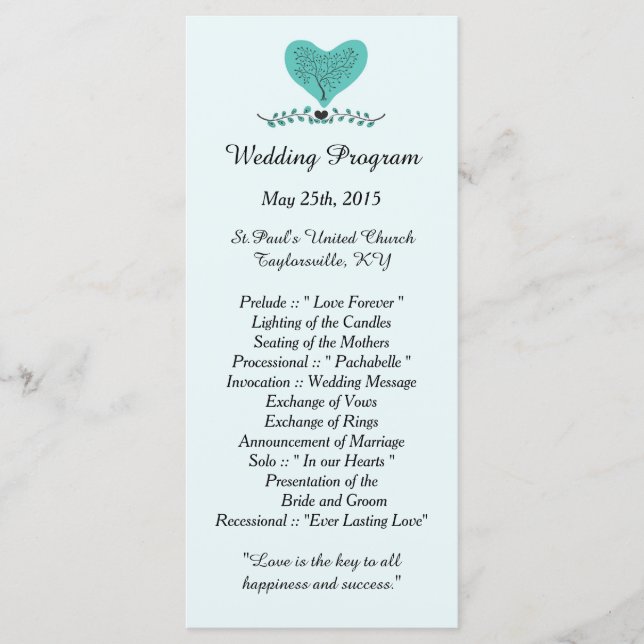 25 Blue Tree and Heart Wedding Programs (Front)