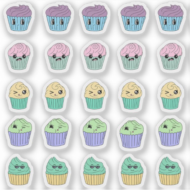 25 Cute Kawaii Cupcake Stickers Sheet (Front)