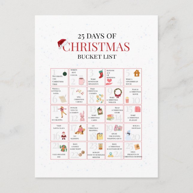 25 Days of Christmas Bucket List Art Holiday Postcard (Front)