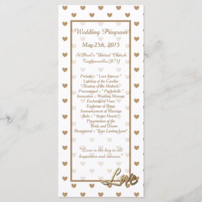 25 Gold Love Hearts Wedding Programs (Front)