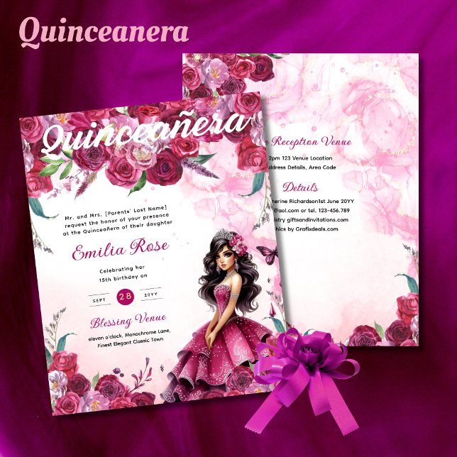 25 Magenta Pink Quinceanera Dress Floral Paper (Creator Uploaded)