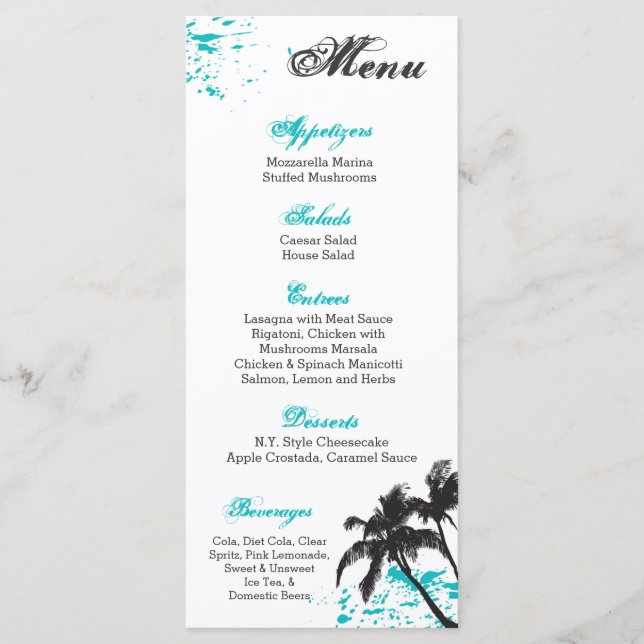 25 Menu Cards Beach Water Ocean Splash Tropical (Front)