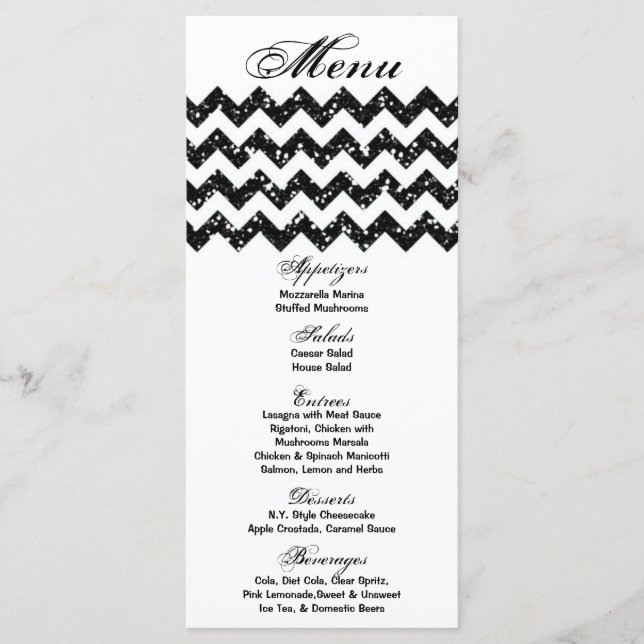 25 Menu Cards Black Glitter Chevron Zig Zag Print (Front)