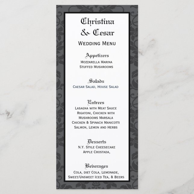 25 Menu Cards Black Grey Formal Gothic Print (Front)