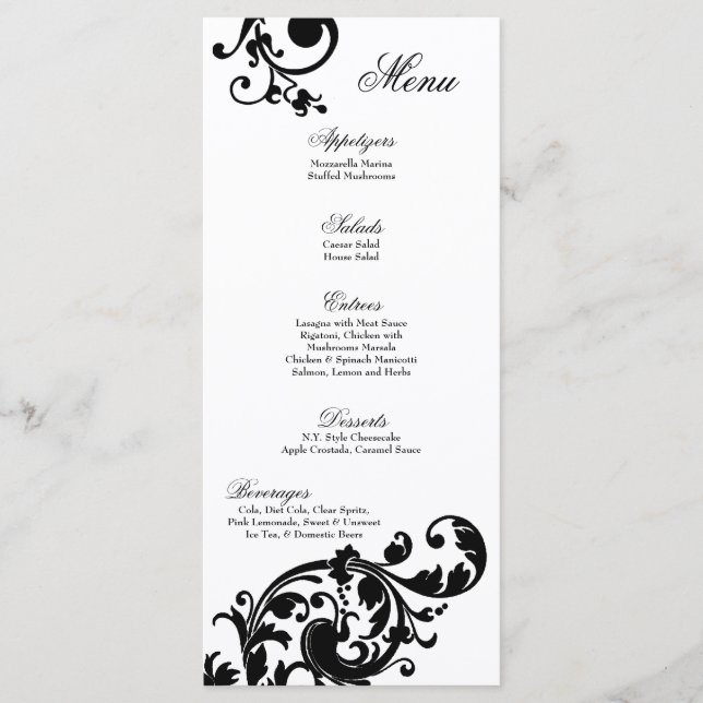 25 Menu Cards Black White Floral Filigree Flower (Front)