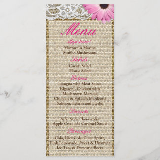 25 Menu Cards Burlap Lace Pink Daisy Flower