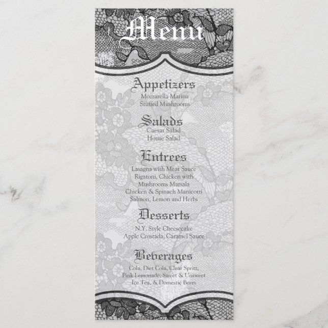 25 Menu Cards Country Black Lace Print Fabric Patt (Front)