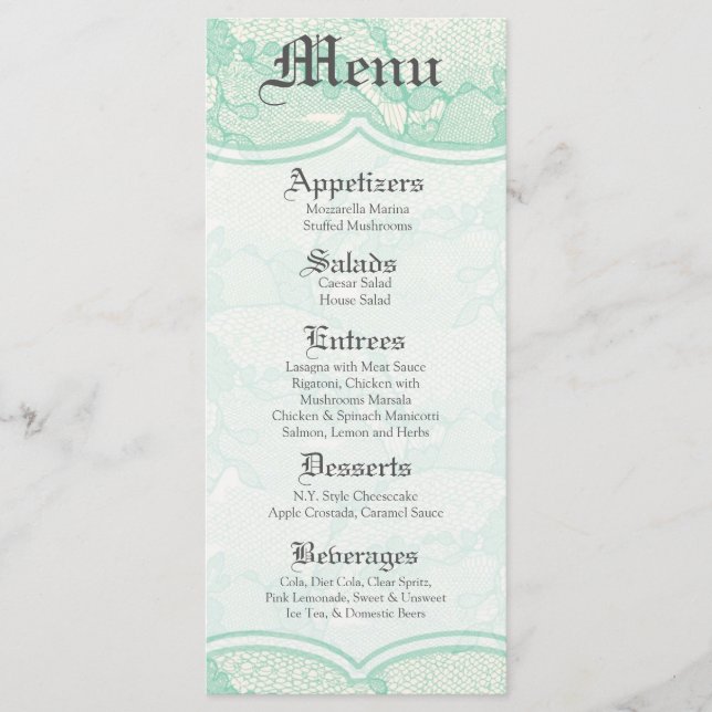 25 Menu Cards Country Mint Lace Print Fabric Patte (Front)