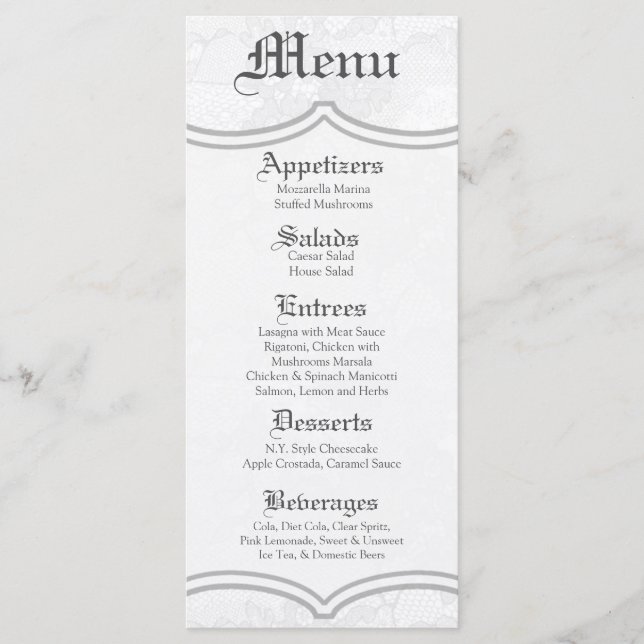 25 Menu Cards Country White Lace Print Fabric Patt (Front)