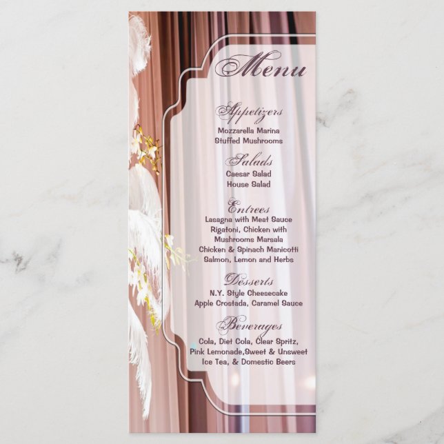 25 Menu Cards Feather Centre Piece Glam Glitz (Front)