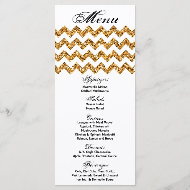 25 Menu Cards Gold Glitter Chevron Zig Zag Print (Front)