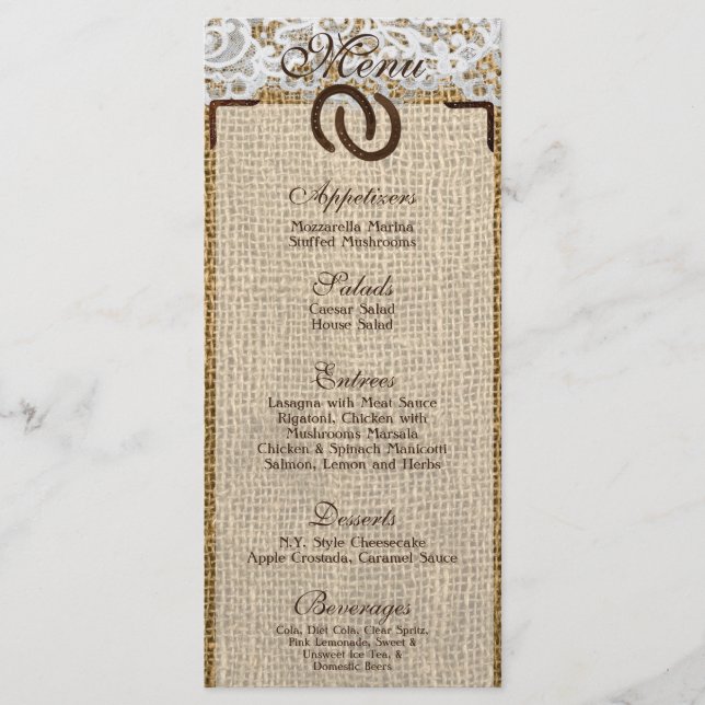 25 Menu Cards Horse Shoes on Burlap Lace Country (Front)