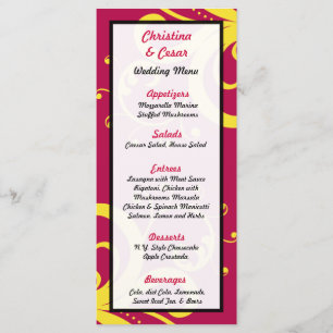 25 Menu Cards Hot Pink/Yellow Swirls Dots