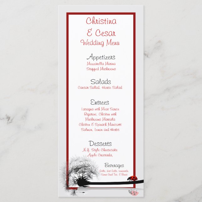 25 Menu Cards Lady Bug on Dandelion Red Silhouette (Front)