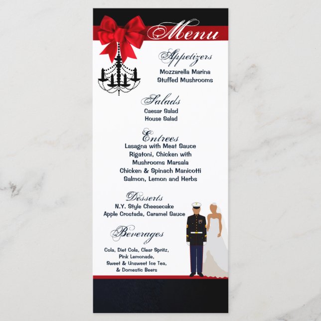 25 Menu Cards Marine Hispanic Uniform Groom Bride (Front)