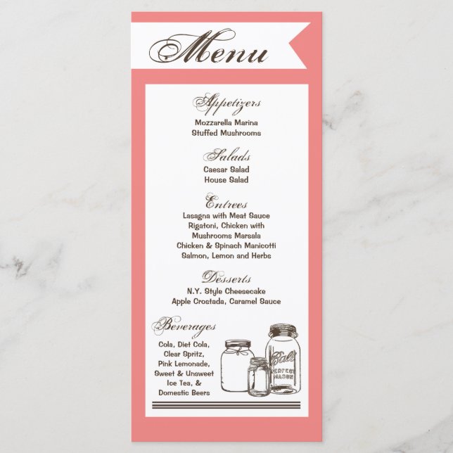 25 Menu Cards Mason Jar Country Rustic Vases Bottl (Front)