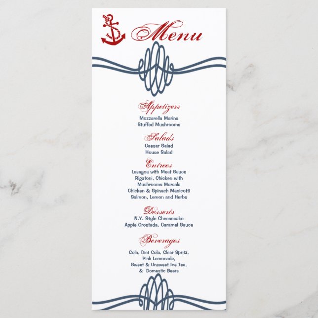 25 Menu Cards Navy Nautical Knot Anchor Blue Red (Front)