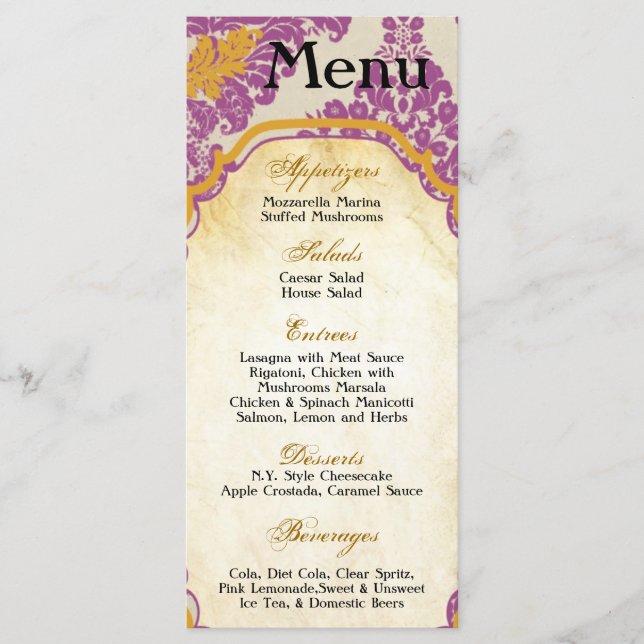 25 Menu Cards Purple Gold Damask Lace Print Patter (Front)