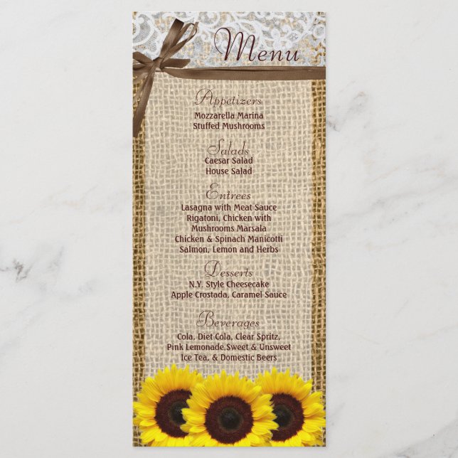 25 Menu Cards Sunflower Lace Burlap Country Rustic (Front)