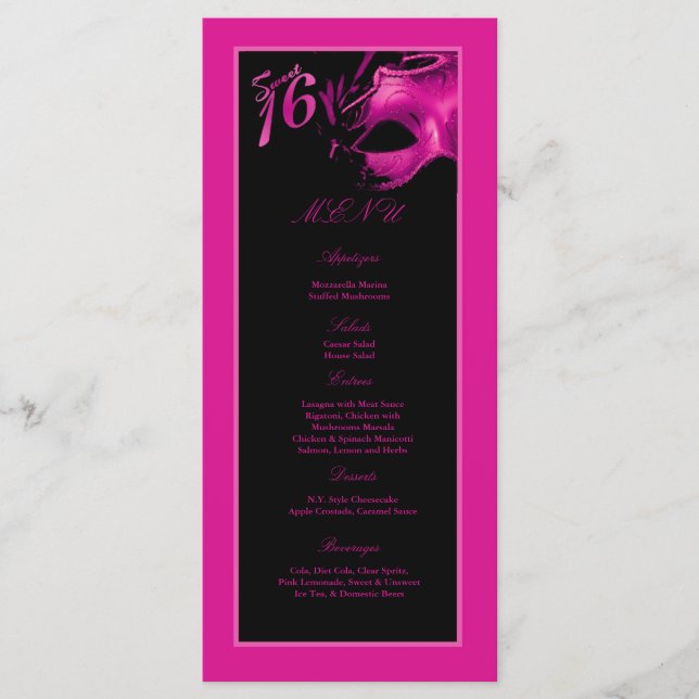 25 Menu Cards Sweet 16 Hot Pink Black Party (Front)