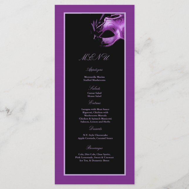 25 Menu Cards Sweet 16 Purple Lilac Black Party (Front)