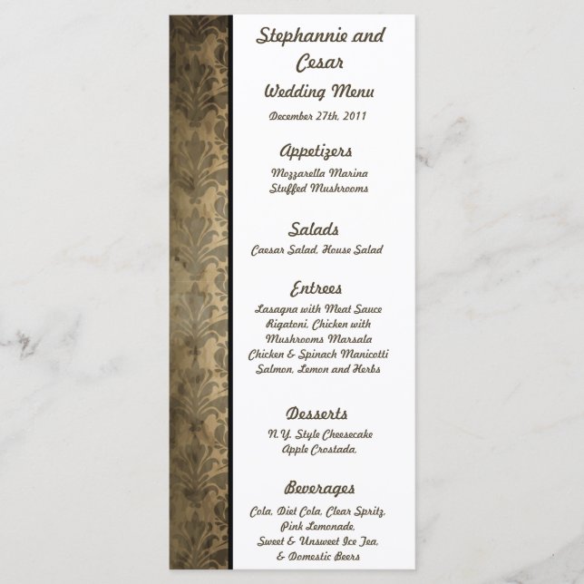 25 Menu Cards Vintage Brown Damask (Front)