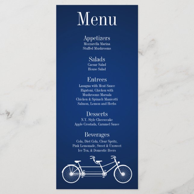 25 Menu Cards Whimsical Navy Blue Double Bike (Front)
