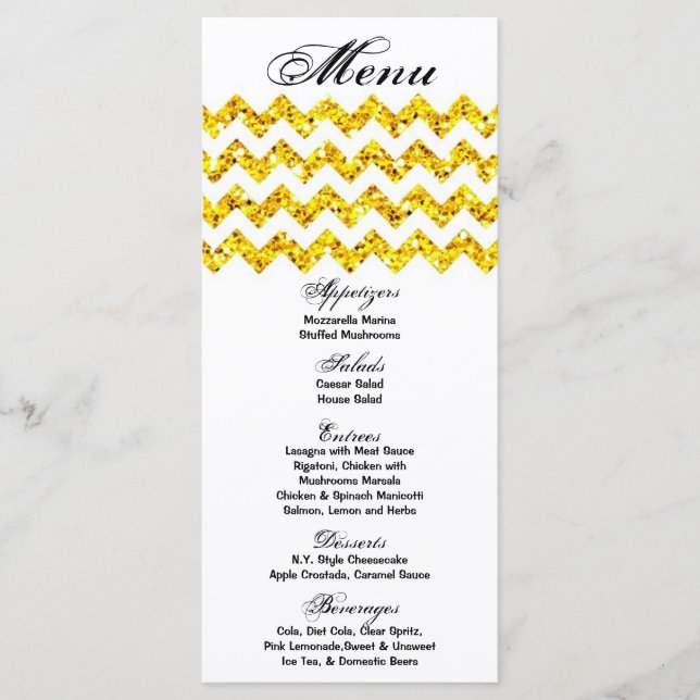 25 Menu Cards Yellow Glitter Chevron Zig Zag Print (Front)