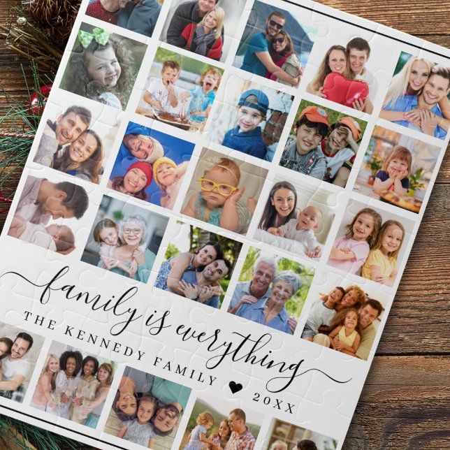 25 Multi Photo Collage Quote Family Name Jigsaw Puzzle ("Create cherished memories with our personalized jigsaw puzzles. Perfect gift for family & friends.")