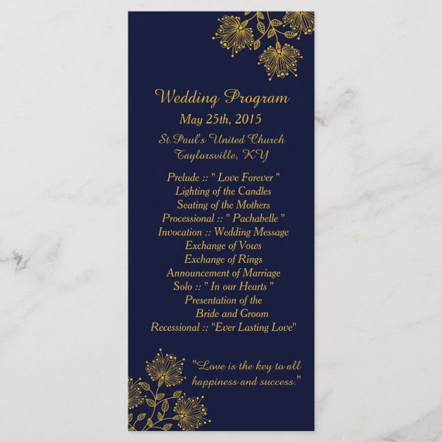 25 Navy and Yellow Floral Wedding Programs (Front)