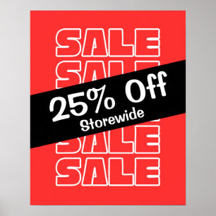 25% Off Sale Sign, Storewide Discount Red Sale  Poster