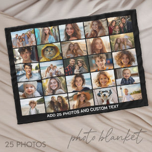 25 Photo Collage - Custom Text - Black Fleece Blanket