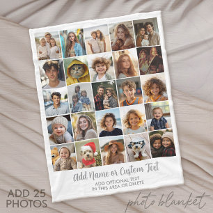 25 Photo Collage - Custom Text - White Grey Fleece Blanket