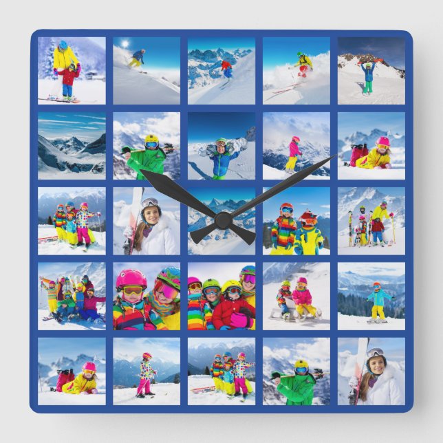 25 Photo Grid Collage Dark Blue Square Wall Clock (Front)