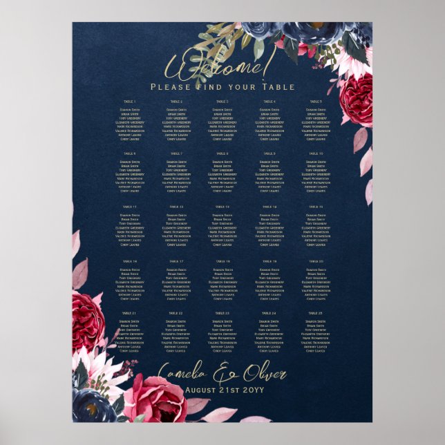 25 Table Burgundy Blue Floral Gold SEATING CHART (Front)