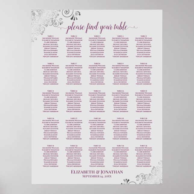 25 Table Cassis on Gray Wedding Seating Chart (Front)