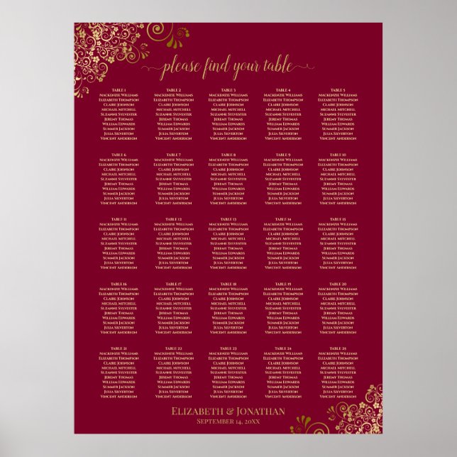 25 Table Elegant Burgundy and Gold Seating Chart (Front)