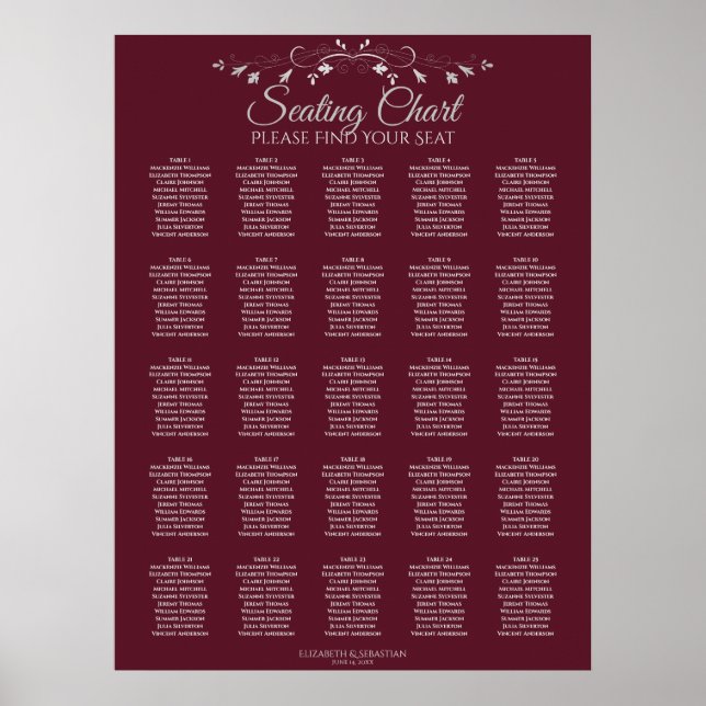 25 Table Elegant Burgundy Wedding Seating Chart (Front)