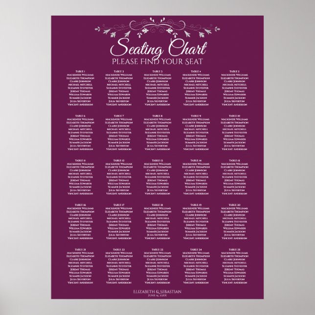 25 Table Elegant Cassis Wedding Seating Chart (Front)