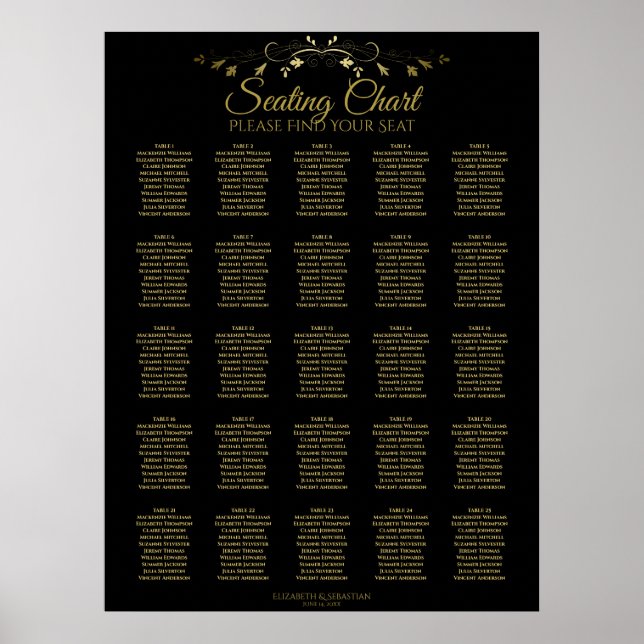 25 Table Elegant Gold Black Wedding Seating Chart (Front)