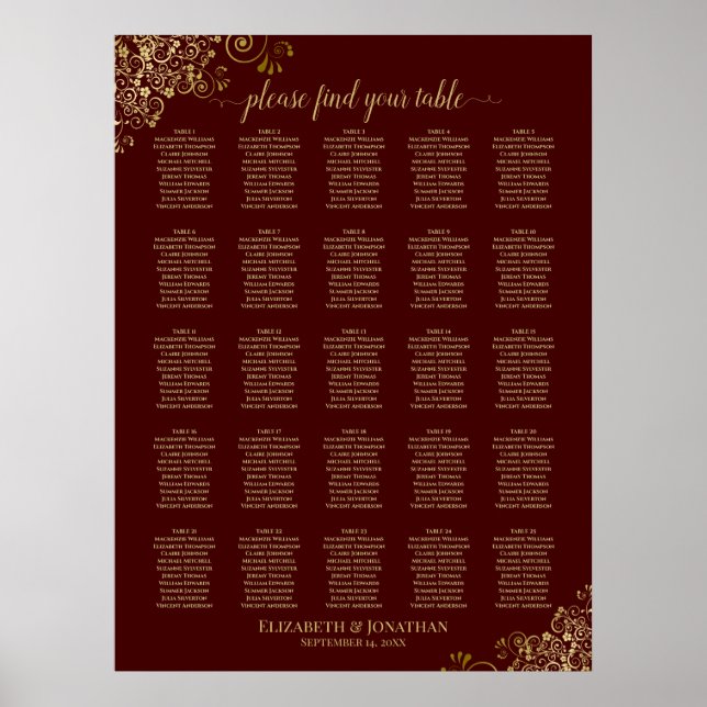 25 Table Gold & Auburn Brown Wedding Seating Chart (Front)