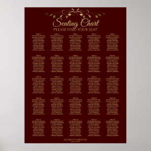 25 Table Gold & Auburn Brown Wedding Seating Chart