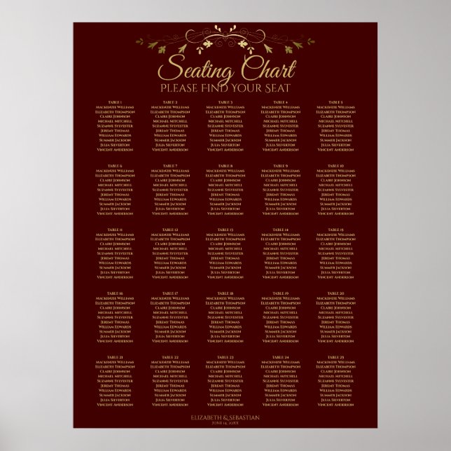 25 Table Gold & Auburn Brown Wedding Seating Chart (Front)