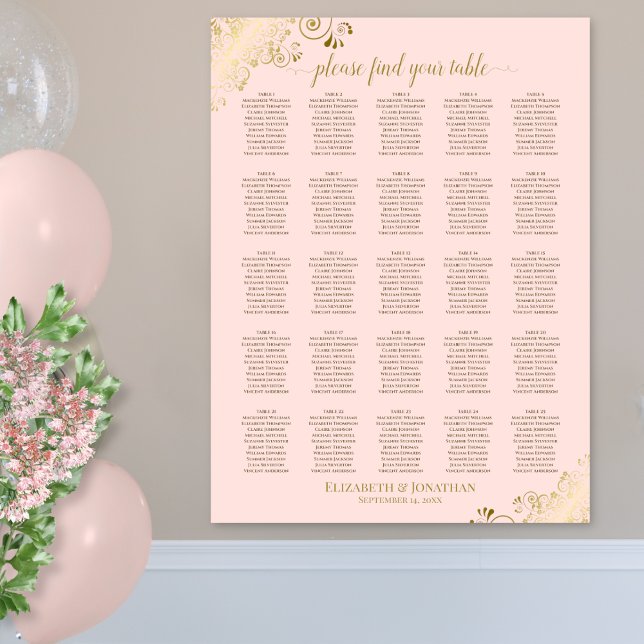 25 Table Gold & Blush Pink Wedding Seating Chart (In Situ on Wall)
