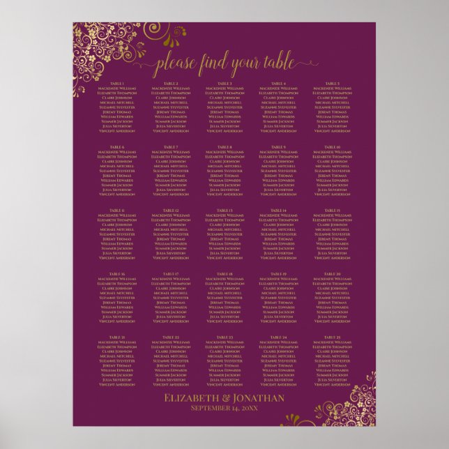 25 Table Gold Cassis Purple Wedding Seating Chart (Front)