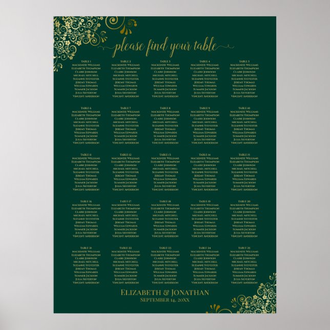 25 Table Gold Emerald Green Wedding Seating Chart (Front)