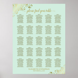 25 Table Gold & Mint Green Wedding Seating Chart